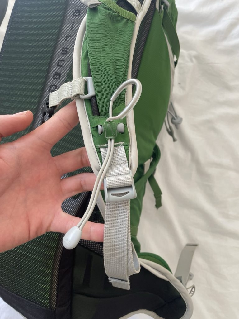 The harness adjustment and trekking pole attachment point on the Talon 33